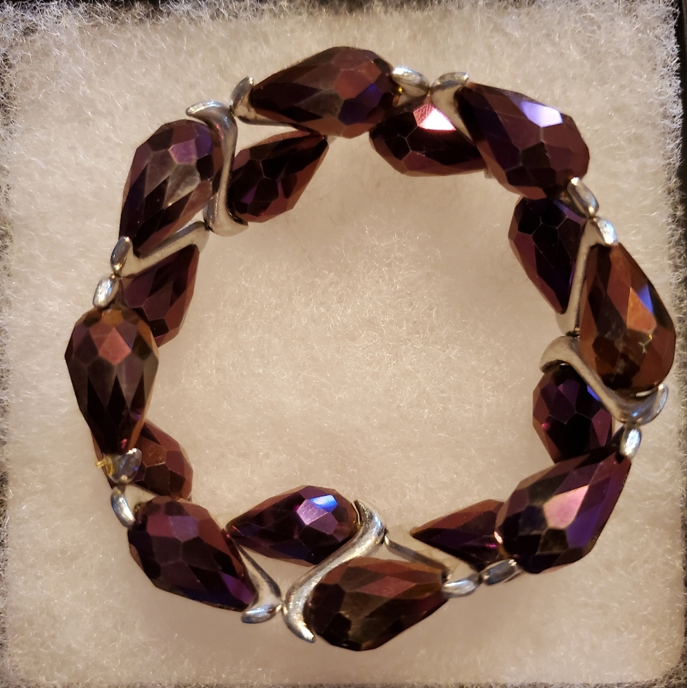 7" Purple Iridescent and Silver Beaded Stretch Bracelet